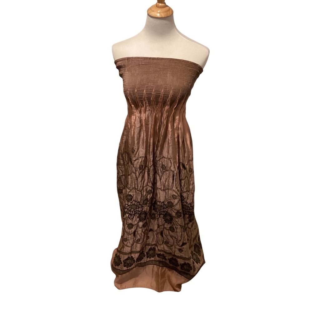 Lapis Women Rose Gold Copper Smocked Strapless Floral Embroidered Maxi Dress OS